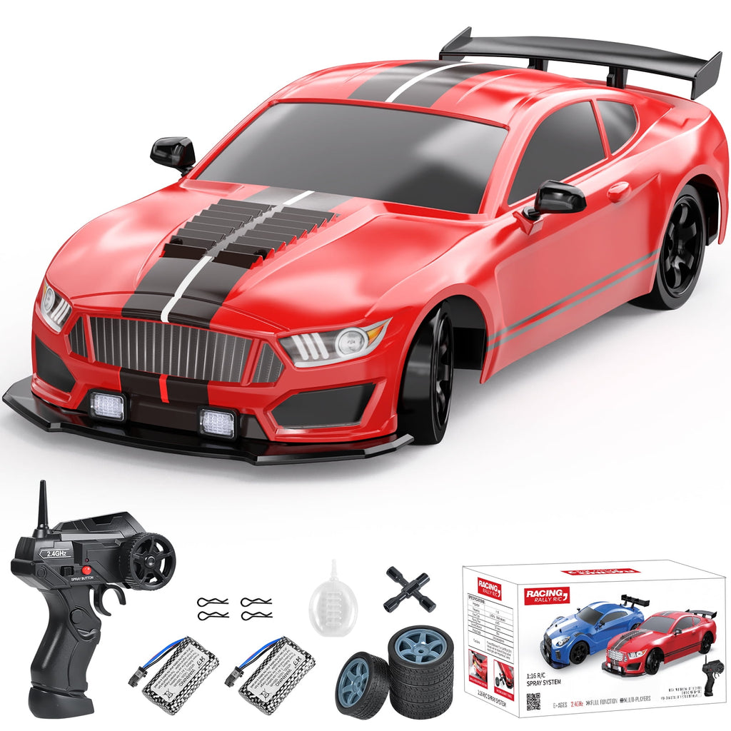 1:16 Scale Remote Control Car RC Drift Car, 4WD 18KM/H High Speed Model Vehicle with LED Lights Spray Rubber Tire Racing Sport Toy Car