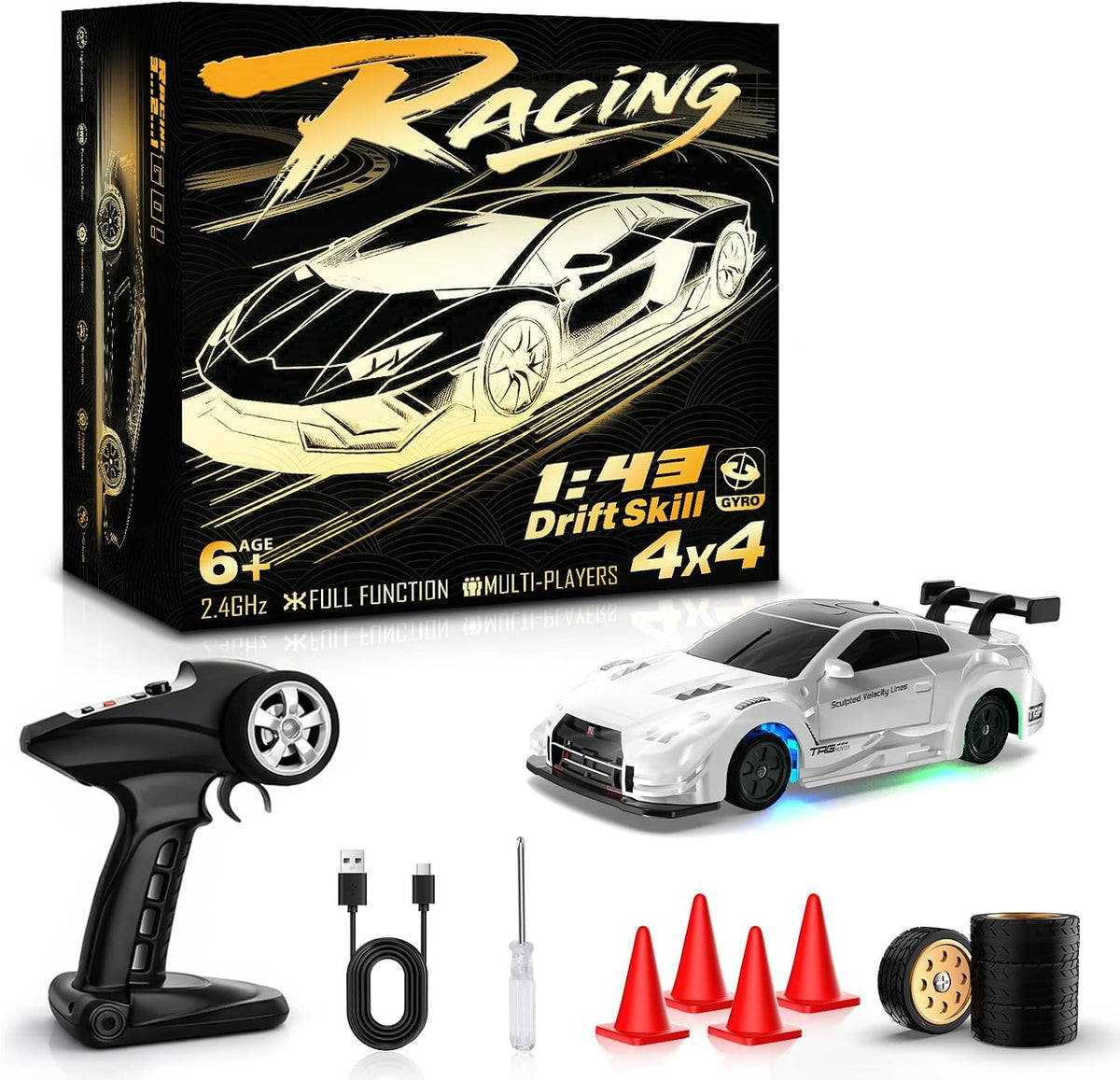 RC Drift Car, 1/43 Mini RC Drift Car with Gyro, 2.4Ghz Full Proportional Control, 20M/H 4WD High Speed Remote Control Alloy, LED Lights & Drift Tires, Toys Gift for Adults, Boys and Girls