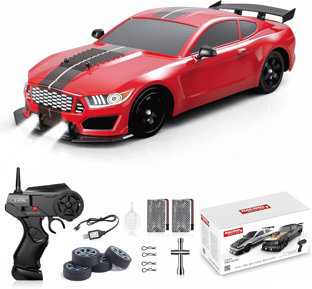 Remote Control Car RC Drift Car 1:16 Scale 4WD 18KM/H High Speed Model Vehicle 2.4Ghz with LED Lights Spray Rubber Tire Racing Sport Toy for Adults Boys Girls Kids Gift 2Pcs Rechargeable Batteries
