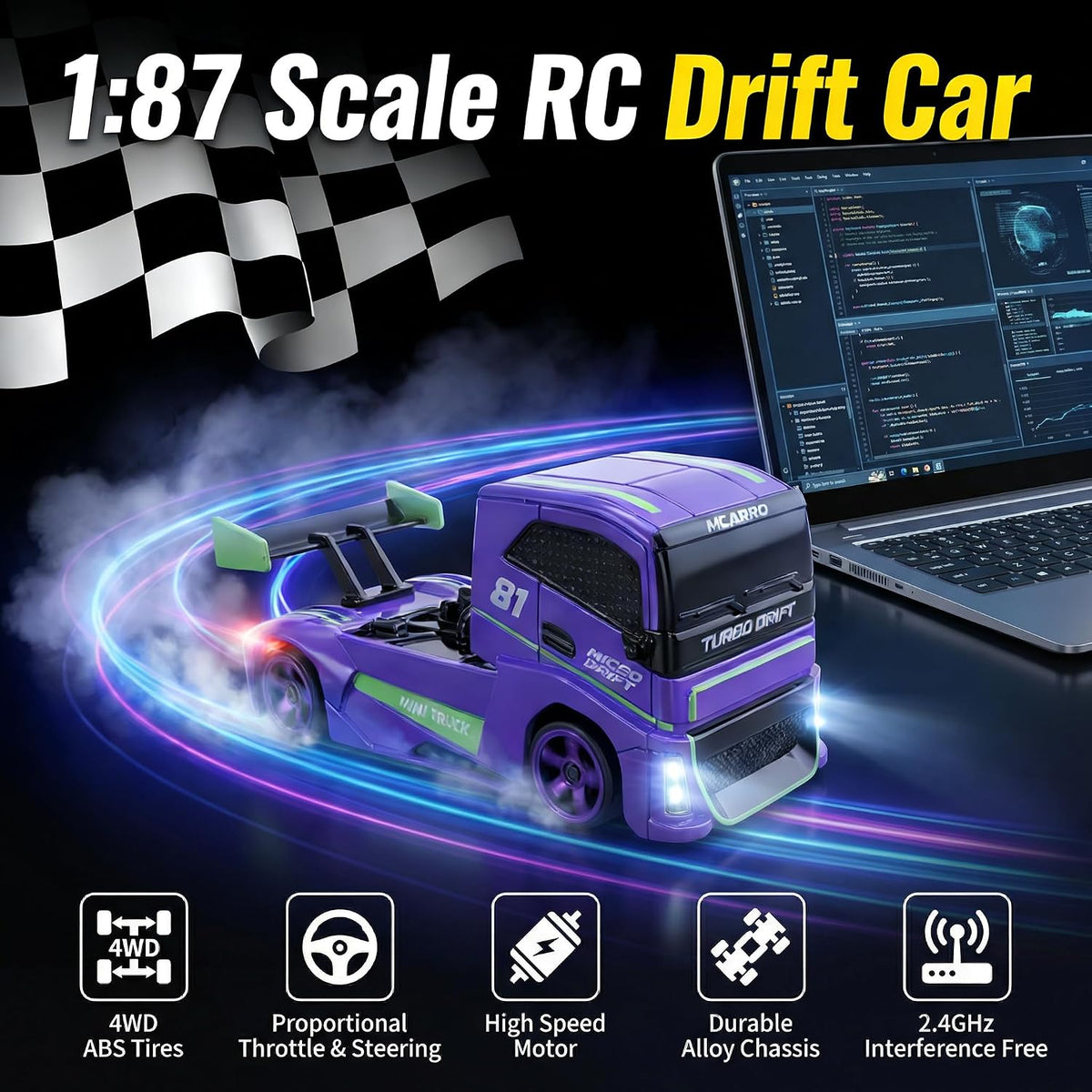 1/87 Scale Drift Rc Car - Semi-Truck Edition | 2.4Ghz 4WD High-Speed Mini Remote Control Truck with Racing Lights (Gray)