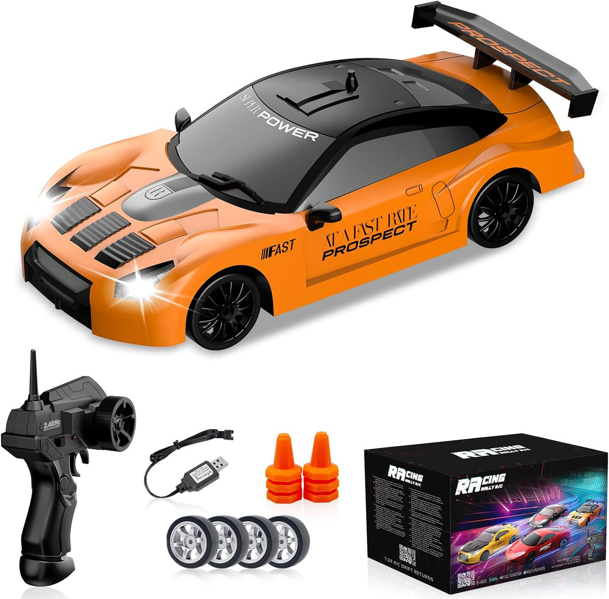 RC Drift Car 1/24 2.4Ghz Remote Control Car 4WD High Speed Drifting RC Cars with LED Light and Drift Tires Racing Toy Cars for Boys Girls Kids Adults (Orange)