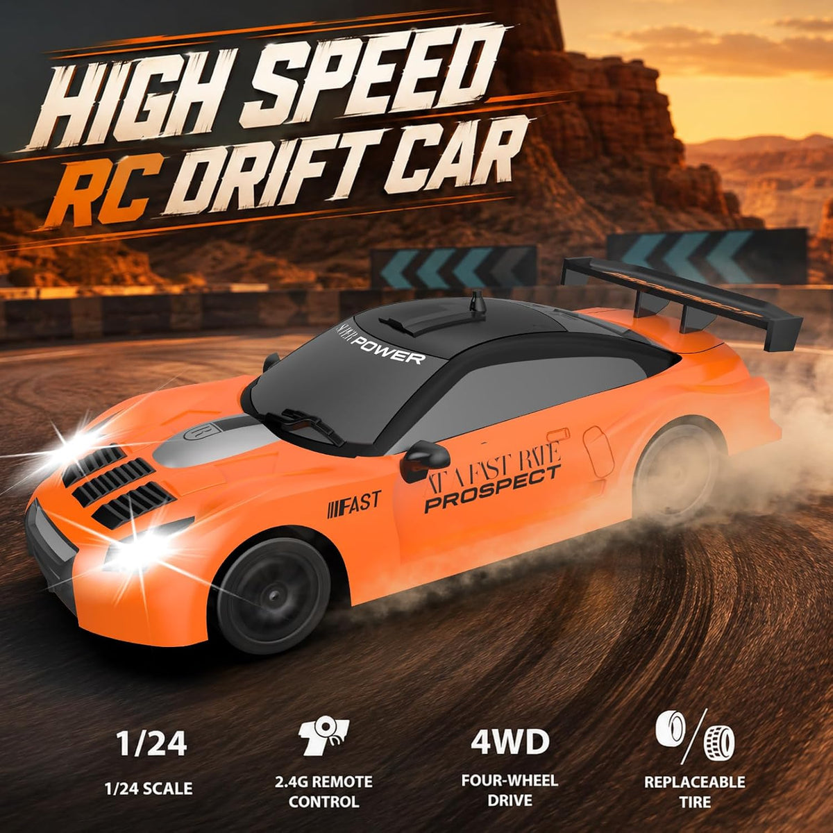 RC Drift Car 1/24 2.4Ghz Remote Control Car 4WD High Speed Drifting RC Cars with LED Light and Drift Tires Racing Toy Cars for Boys Girls Kids Adults (Orange)