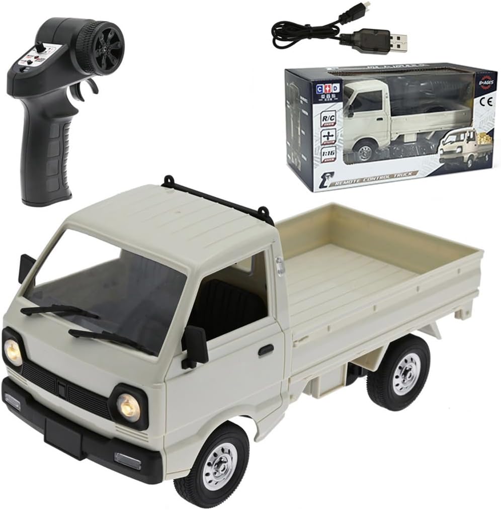 D12Mini Kei Truck RC Car, 1/16 2.4Ghz Remote Control Rock Crawler off Road Truck with Brushed Motor, LED Headlights, Middle Engine Rear Drive RTR Toys Car for Adults(2 Batteries