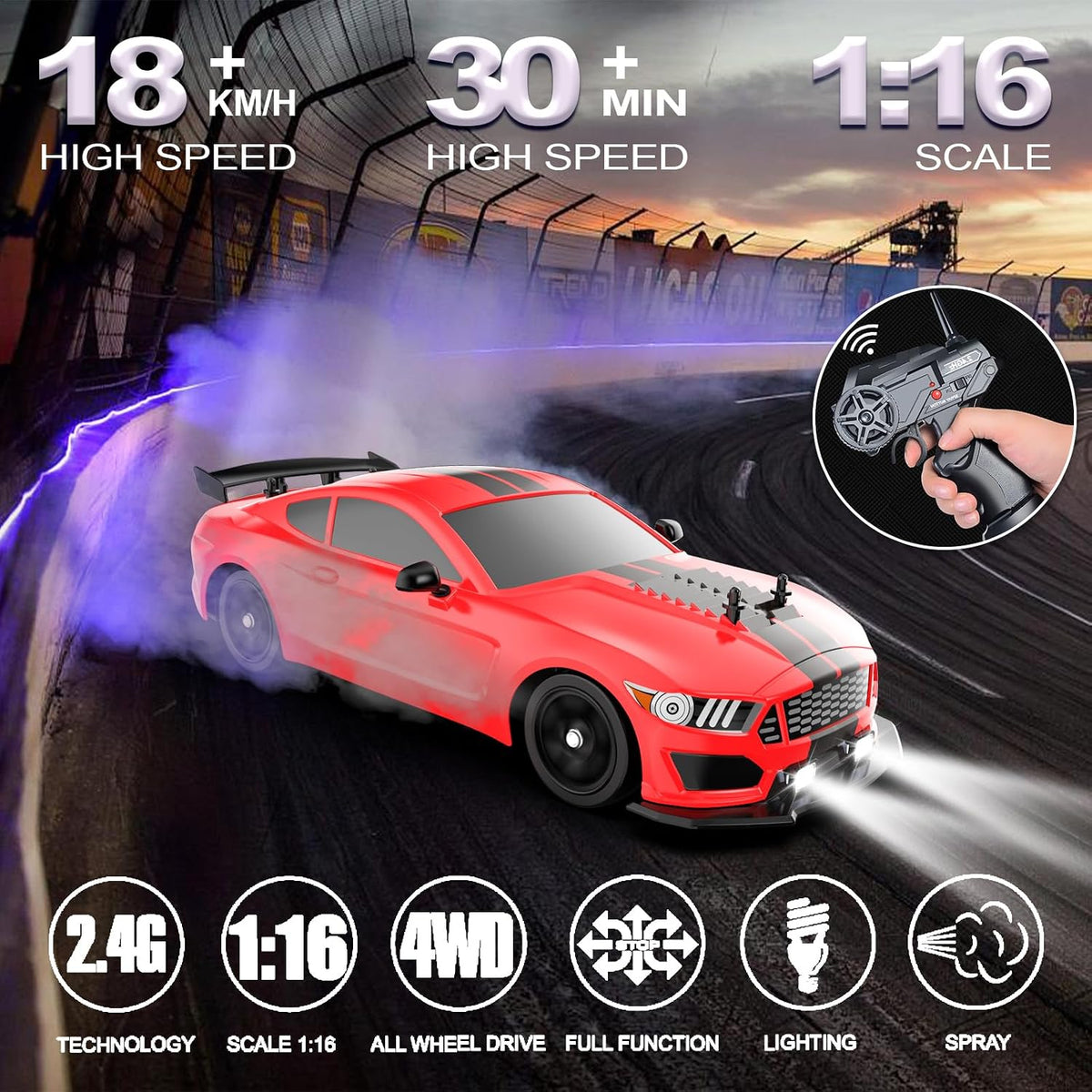 Remote Control Car RC Drift Car 1:16 Scale 4WD 18KM/H High Speed Model Vehicle 2.4Ghz with LED Lights Spray Rubber Tire Racing Sport Toy for Adults Boys Girls Kids Gift 2Pcs Rechargeable Batteries