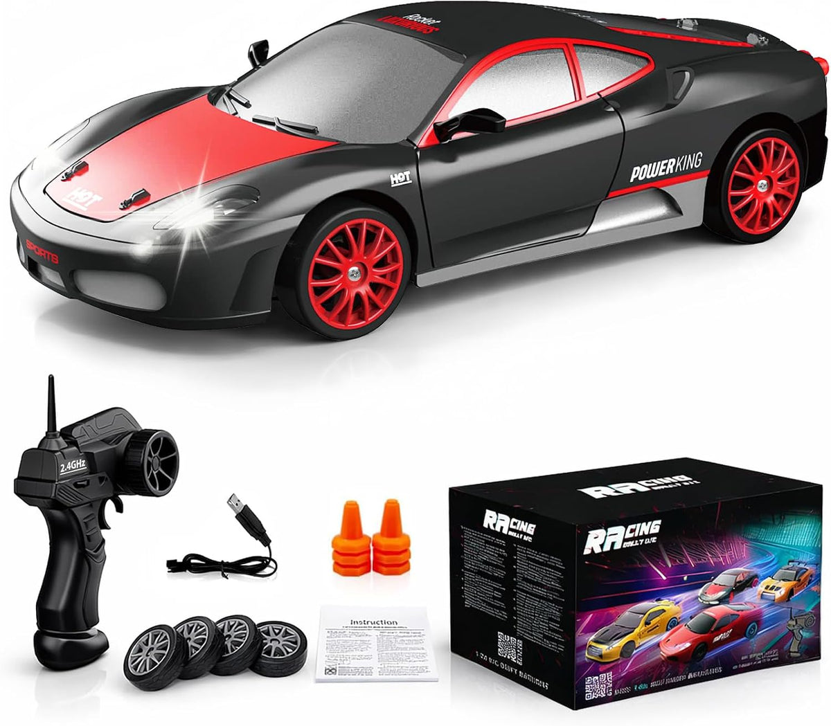 Remote Control Car RC Drift Car 2.4Ghz 1:24 Scale 4WD High Speed RC Cars Vehicle with LED Lights Drifting Tires Racing Sport Toy Cars for Adults Boys Girls Kids Gift
