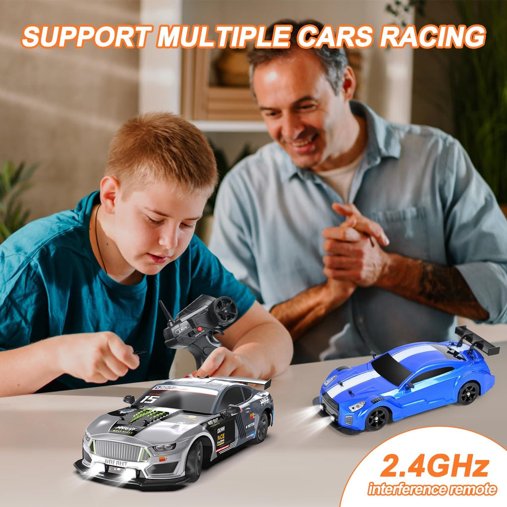 Remote Control Car 1/16 Scale RC Drift Car 2.4Ghz 4WD High Speed 18+KM/H Vehicle with LED Lights and Spray, Extra Drifting Tires Racing Vehicle Toys Birthday Gifts for Adults Boys, 2 Batteries