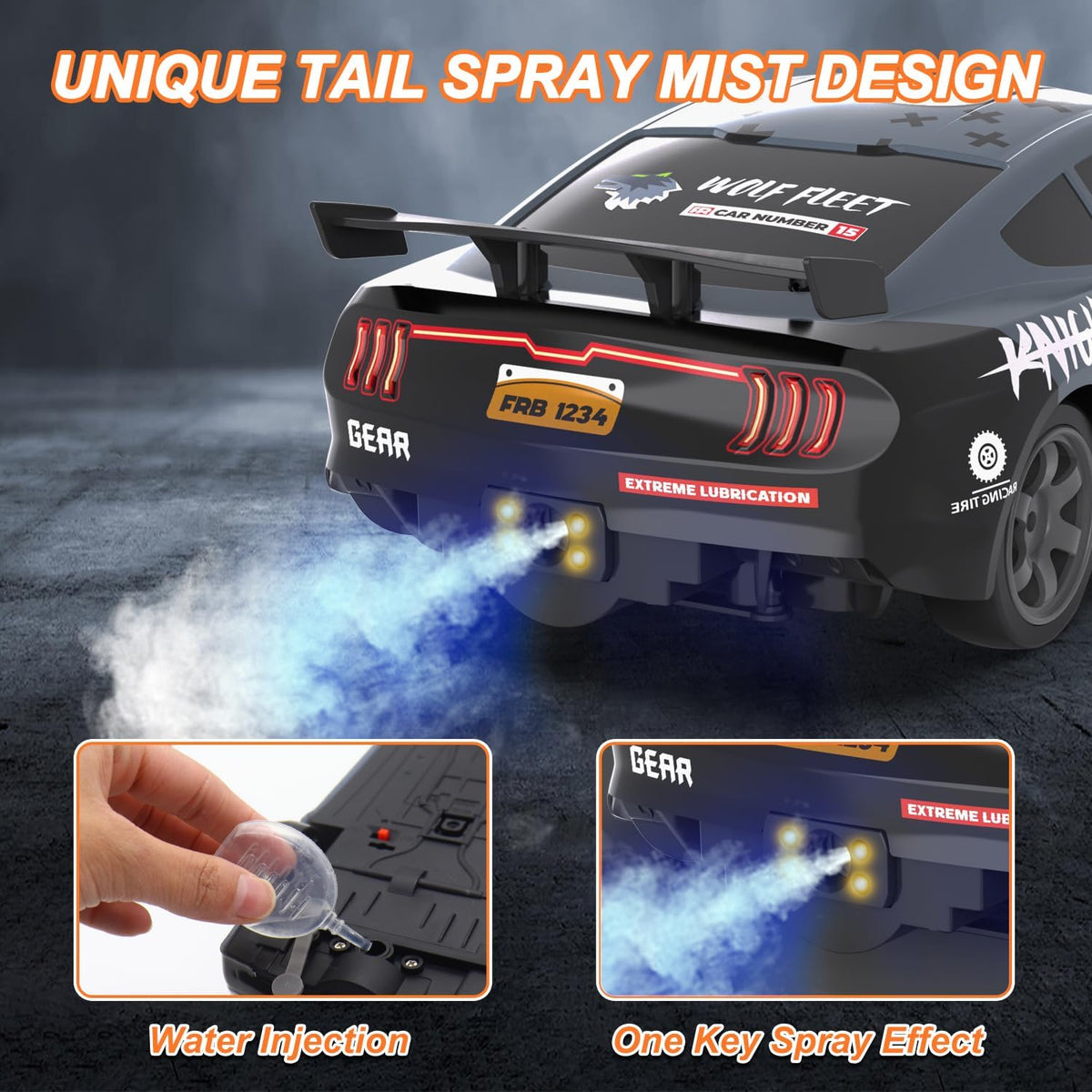 Remote Control Car 1/16 Scale RC Drift Car 2.4Ghz 4WD High Speed 18+KM/H Vehicle with LED Lights and Spray, Extra Drifting Tires Racing Vehicle Toys Birthday Gifts for Adults Boys, 2 Batteries