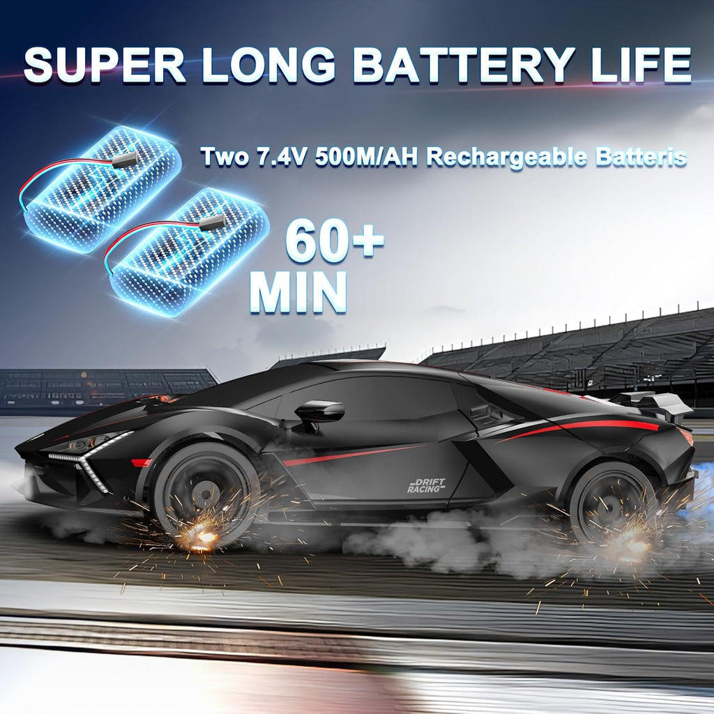 2 Pack Remote Control Cars, 1:16 Scale 4WD High-Speed 18KM/H RC Drift Cars with LED Lights & Spray, 2.4Ghz Racing Toy Set with 4 Rechargeable Batteries, Gift for Boys Girls Kids (2 Bundle)
