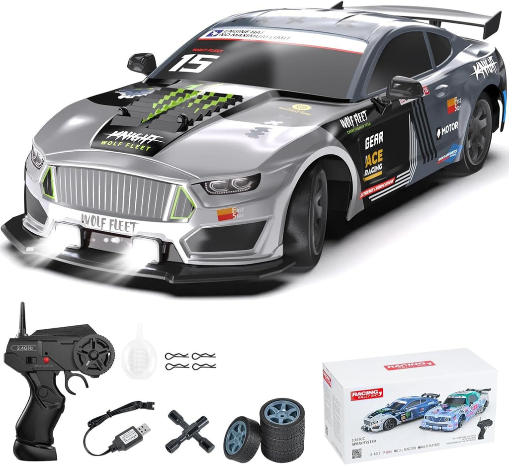 Remote Control Car 1/16 Scale RC Drift Car 2.4Ghz 4WD High Speed 18+KM/H Vehicle with LED Lights and Spray, Extra Drifting Tires Racing Vehicle Toys Birthday Gifts for Adults Boys, 2 Batteries