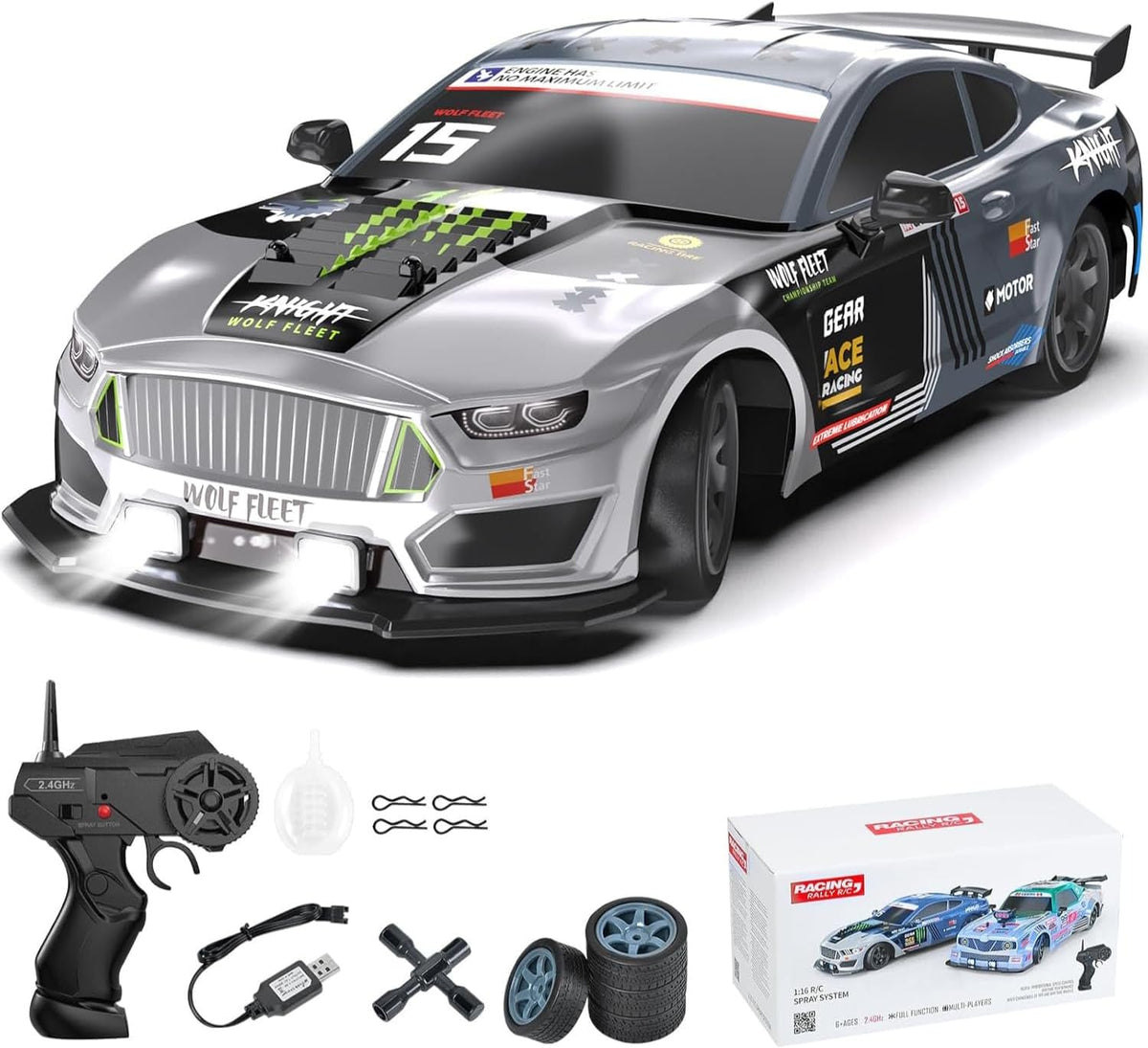 Remote Control Car 1/16 Scale RC Drift Car 2.4Ghz 4WD High Speed 18+KM/H Vehicle with LED Lights and Spray, Extra Drifting Tires Racing Vehicle Toys Birthday Gifts for Adults Boys, 2 Batteries