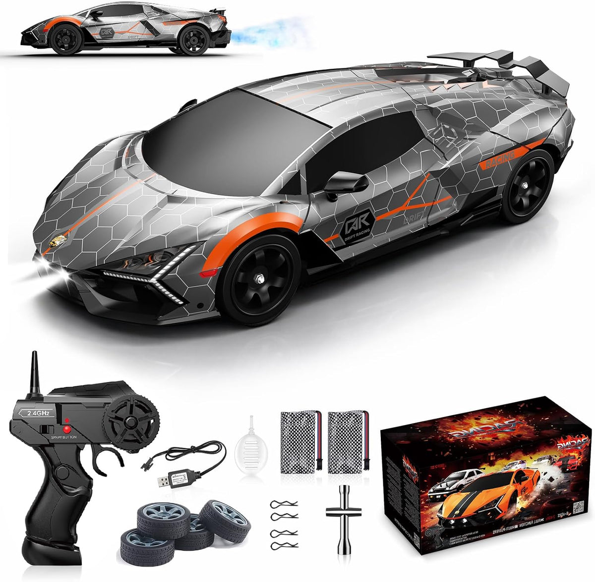 Remote Control Car RC Drift Car 1:16 Scale 4WD 18KM/H High Speed Model Vehicle 2.4Ghz with LED Lights Spray Rubber Tire Racing Sport Toy for Adults Boys Girls Kids Gift 2Pcs Rechargeable Batteries