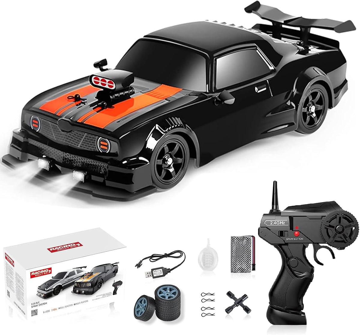 Remote Control Drift Car, 1:16 Scale Fast and Furious Cars 18KM/H High Speed RC Cars 2.4Ghz 4WD Remote Control Race Car LED Lights Spray Rubber Tire for Adults Teens Gift