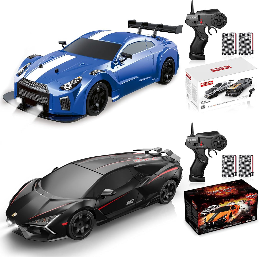 2 Pack Remote Control Cars, 1:16 Scale 4WD High-Speed 18KM/H RC Drift Cars with LED Lights & Spray, 2.4Ghz Racing Toy Set with 4 Rechargeable Batteries, Gift for Boys Girls Kids (2 Bundle)