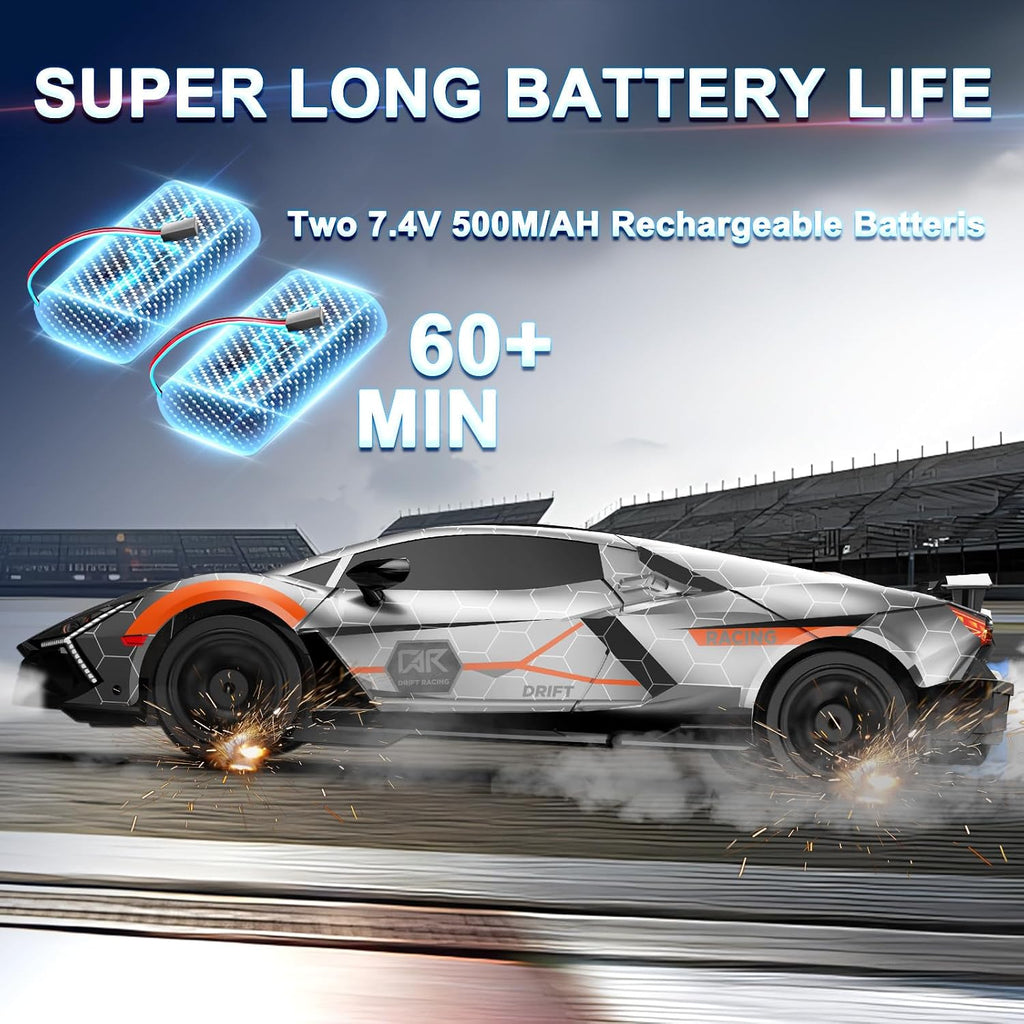 Remote Control Car RC Drift Car 1:16 Scale 4WD 18KM/H High Speed Model Vehicle 2.4Ghz with LED Lights Spray Rubber Tire Racing Sport Toy for Adults Boys Girls Kids Gift 2Pcs Rechargeable Batteries