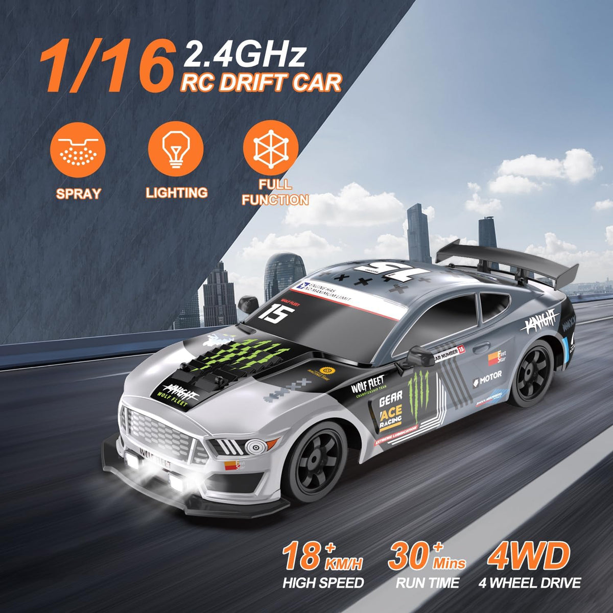 Remote Control Car 1/16 Scale RC Drift Car 2.4Ghz 4WD High Speed 18+KM/H Vehicle with LED Lights and Spray, Extra Drifting Tires Racing Vehicle Toys Birthday Gifts for Adults Boys, 2 Batteries