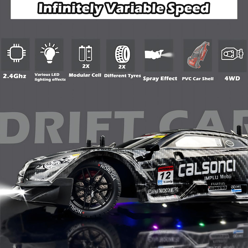 1:16 RC Drift Car 2.4Ghz Spray 4WD LED Lights 30+KM/H High Speed Remote Control Car 2 Batteries 60Min Infinitely Variable Speed Drift Car Toys for Adults and Kids (Black 1:16)
