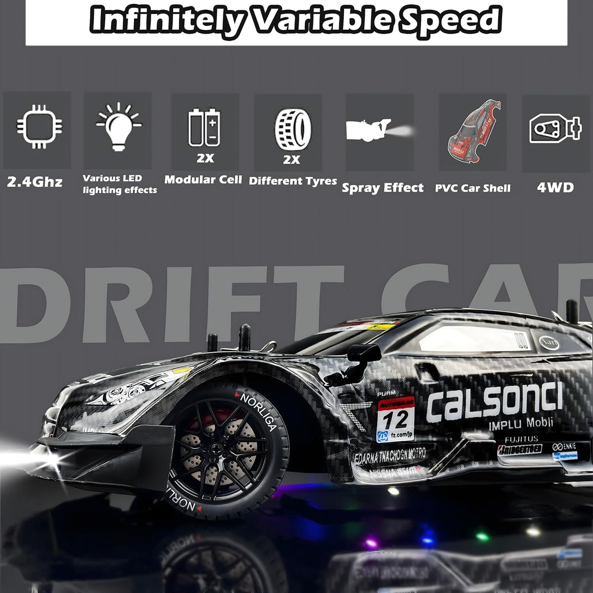 1:16 RC Drift Car 2.4Ghz Spray 4WD LED Lights 30+KM/H High Speed Remote Control Car 2 Batteries 60Min Infinitely Variable Speed Drift Car Toys for Adults and Kids (Black 1:16)
