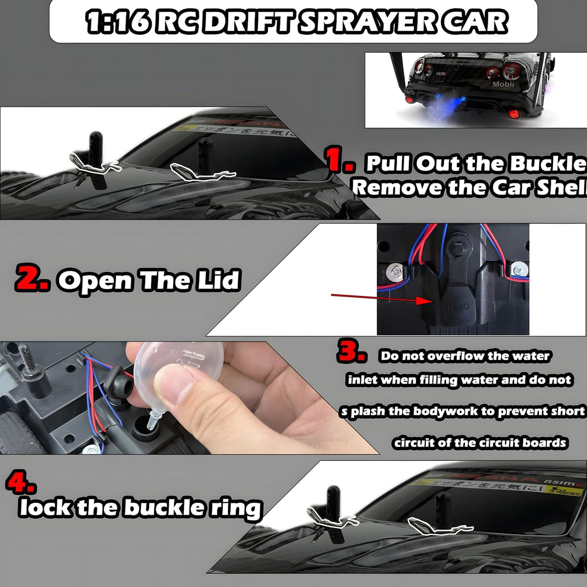 1:16 RC Drift Car 2.4Ghz Spray 4WD LED Lights 30+KM/H High Speed Remote Control Car 2 Batteries 60Min Infinitely Variable Speed Drift Car Toys for Adults and Kids (Black 1:16)
