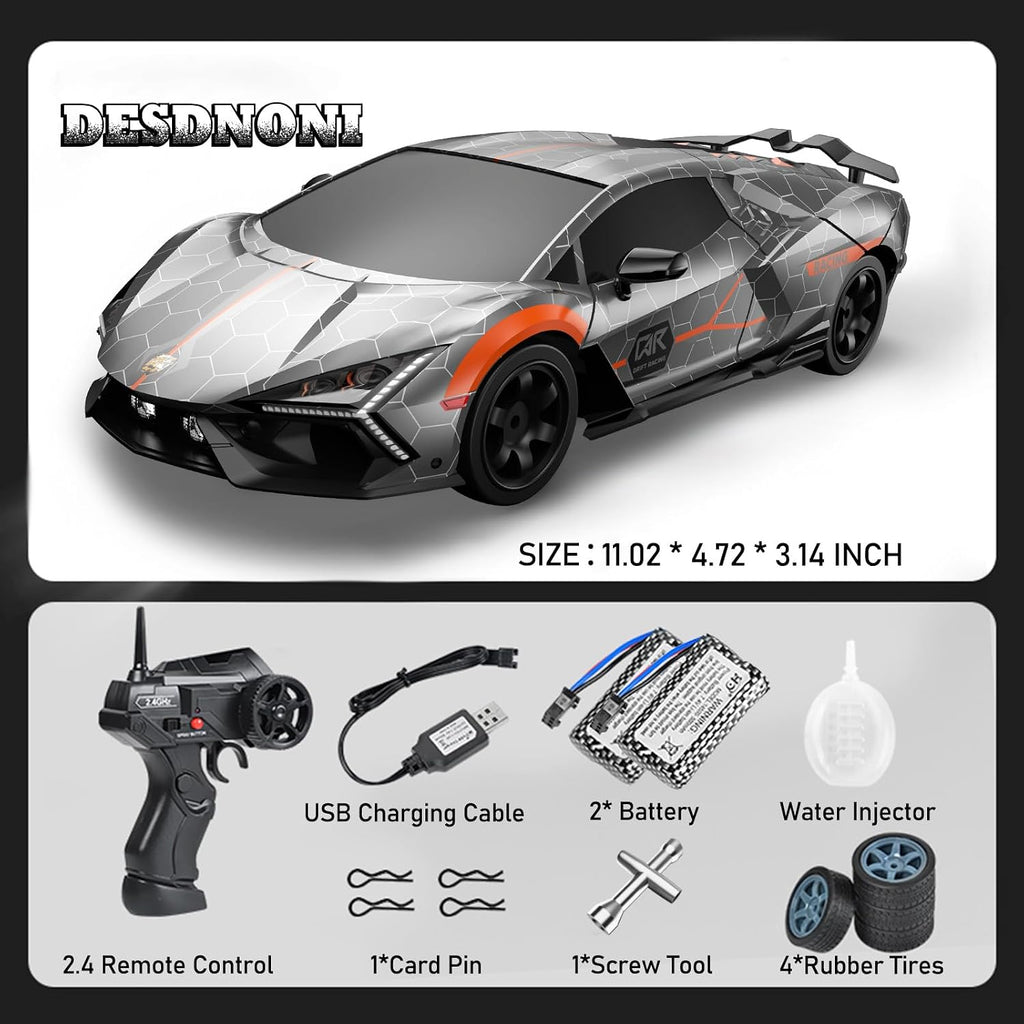 Remote Control Car RC Drift Car 1:16 Scale 4WD 18KM/H High Speed Model Vehicle 2.4Ghz with LED Lights Spray Rubber Tire Racing Sport Toy for Adults Boys Girls Kids Gift 2Pcs Rechargeable Batteries