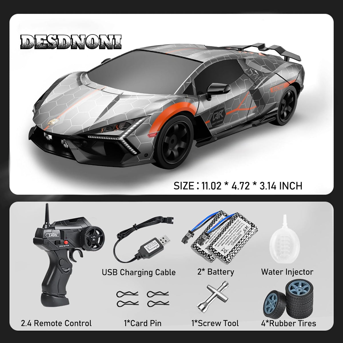 Remote Control Car RC Drift Car 1:16 Scale 4WD 18KM/H High Speed Model Vehicle 2.4Ghz with LED Lights Spray Rubber Tire Racing Sport Toy for Adults Boys Girls Kids Gift 2Pcs Rechargeable Batteries