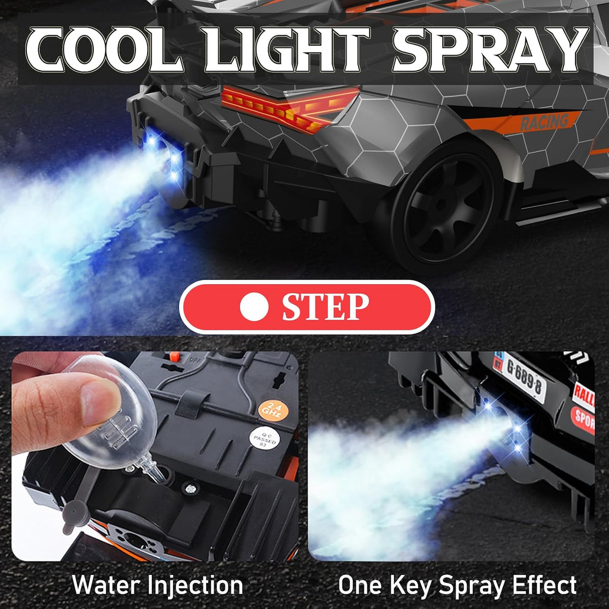 Remote Control Car RC Drift Car 1:16 Scale 4WD 18KM/H High Speed Model Vehicle 2.4Ghz with LED Lights Spray Rubber Tire Racing Sport Toy for Adults Boys Girls Kids Gift 2Pcs Rechargeable Batteries