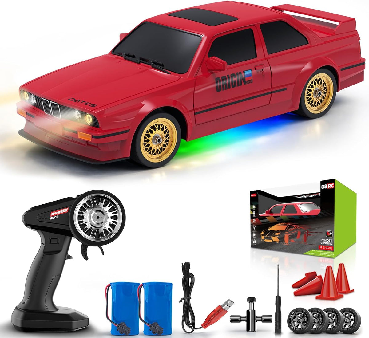 RC Drift Car 2.4Ghz 1:16 Scale 4WD 30KM/H High Speed Remote Control Cars Vehicle with LED Lights Drifting Tires Racing Sport Toy Cars for Adults Boys Girls Kids Gift