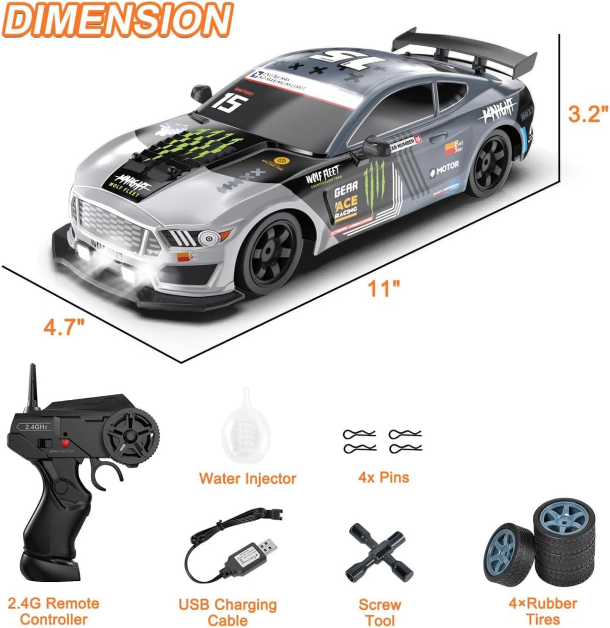 Remote Control Car 1/16 Scale RC Drift Car 2.4Ghz 4WD High Speed 18+KM/H Vehicle with LED Lights and Spray, Extra Drifting Tires Racing Vehicle Toys Birthday Gifts for Adults Boys, 2 Batteries