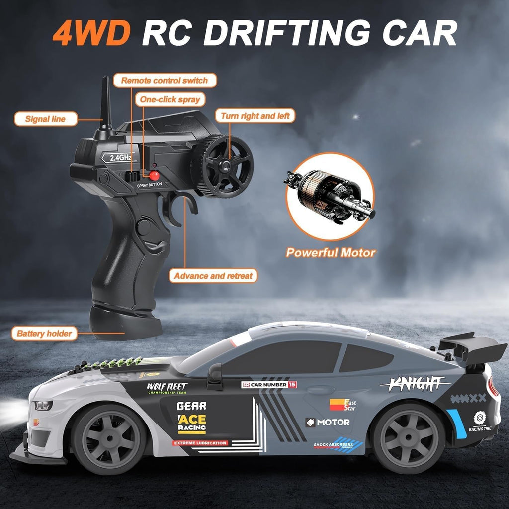 Remote Control Car 1/16 Scale RC Drift Car 2.4Ghz 4WD High Speed 18+KM/H Vehicle with LED Lights and Spray, Extra Drifting Tires Racing Vehicle Toys Birthday Gifts for Adults Boys, 2 Batteries