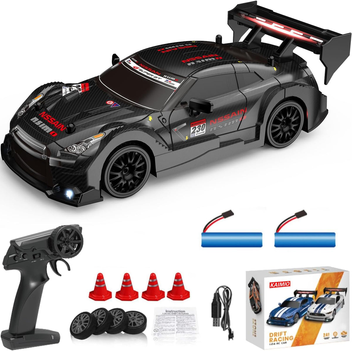 1:24 Scale RC Drift Car 4WD 2.4Ghz 30KM/H High Speed Racing Sport Toy Car with LED Lights, Racing and Drift Wheels (8601-Black)