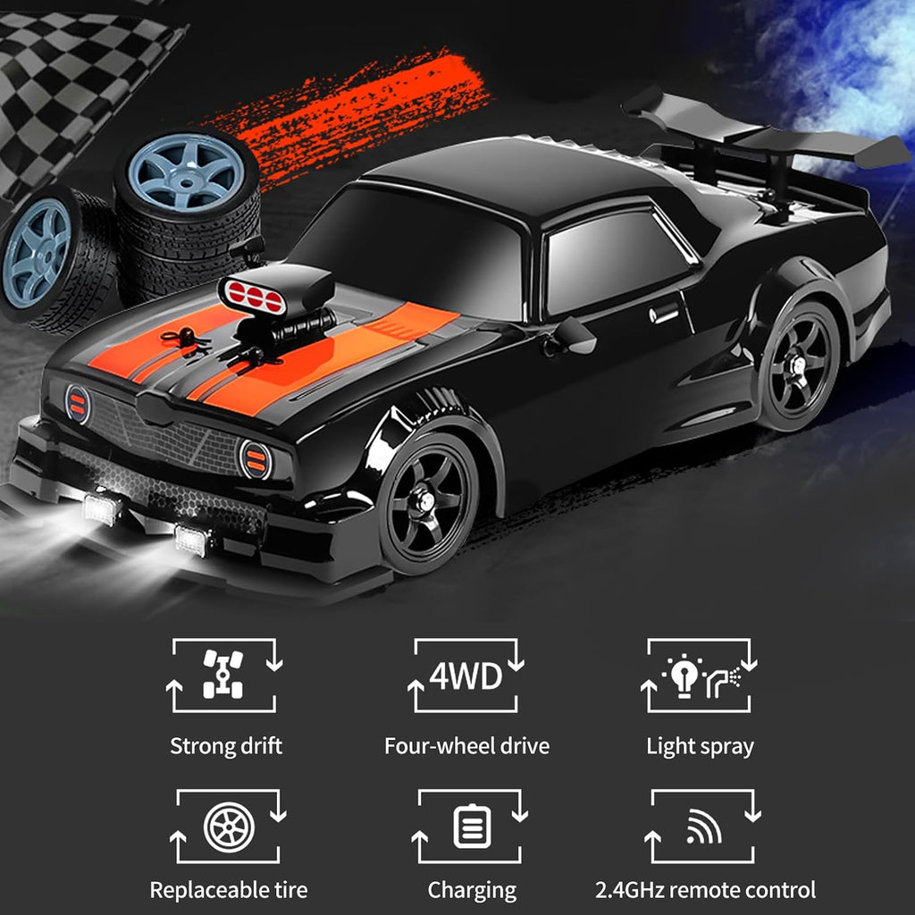 Remote Control Drift Car, 1:16 Scale Fast and Furious Cars 18KM/H High Speed RC Cars 2.4Ghz 4WD Remote Control Race Car LED Lights Spray Rubber Tire for Adults Teens Gift