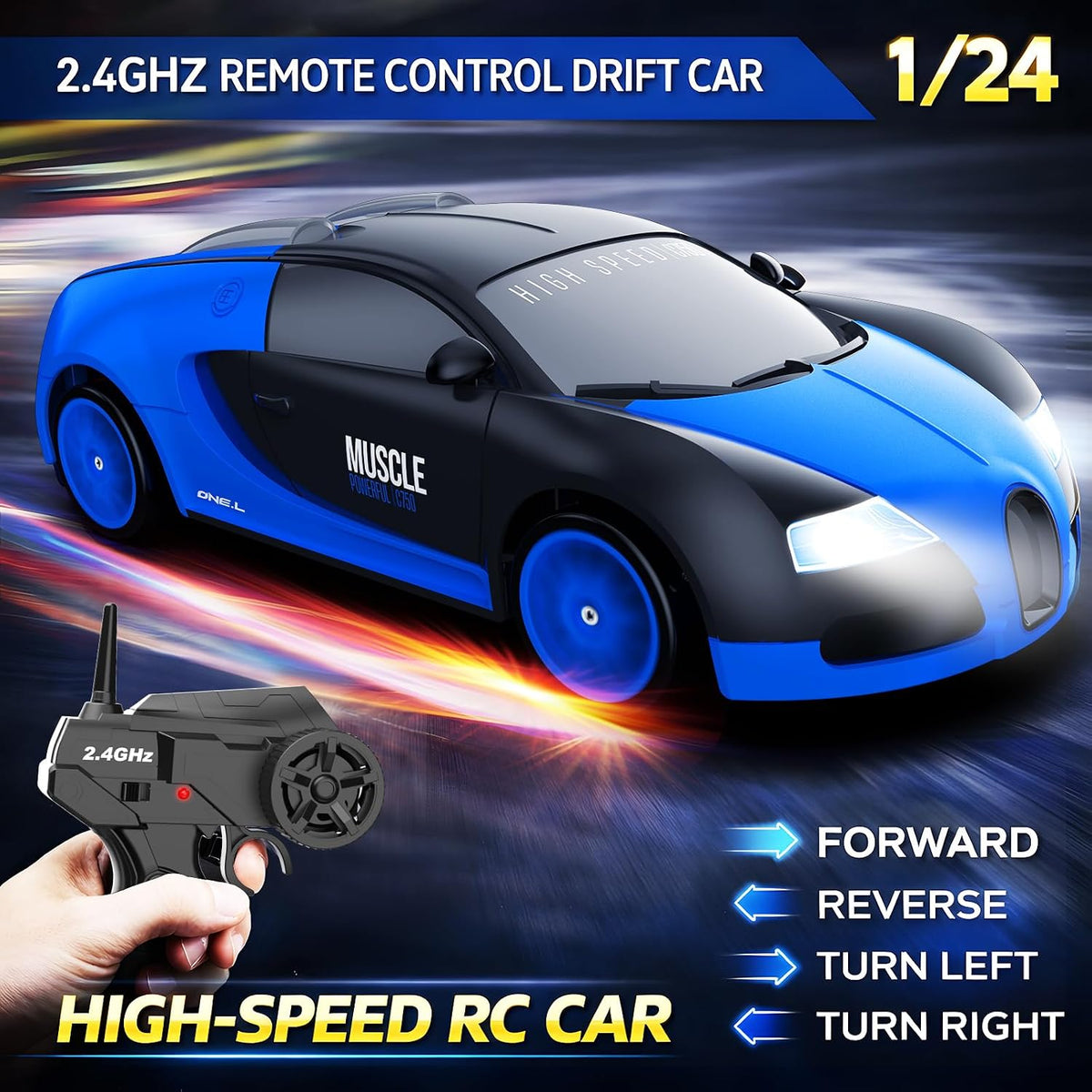 Remote Control Car RC Drift Car 2.4Ghz 1:24 Scale 4WD 15KM/H High Speed Model Vehicle with LED Lights Drifting Tire Racing Sport Toy Car for Adults Boys Girls Kids Gift