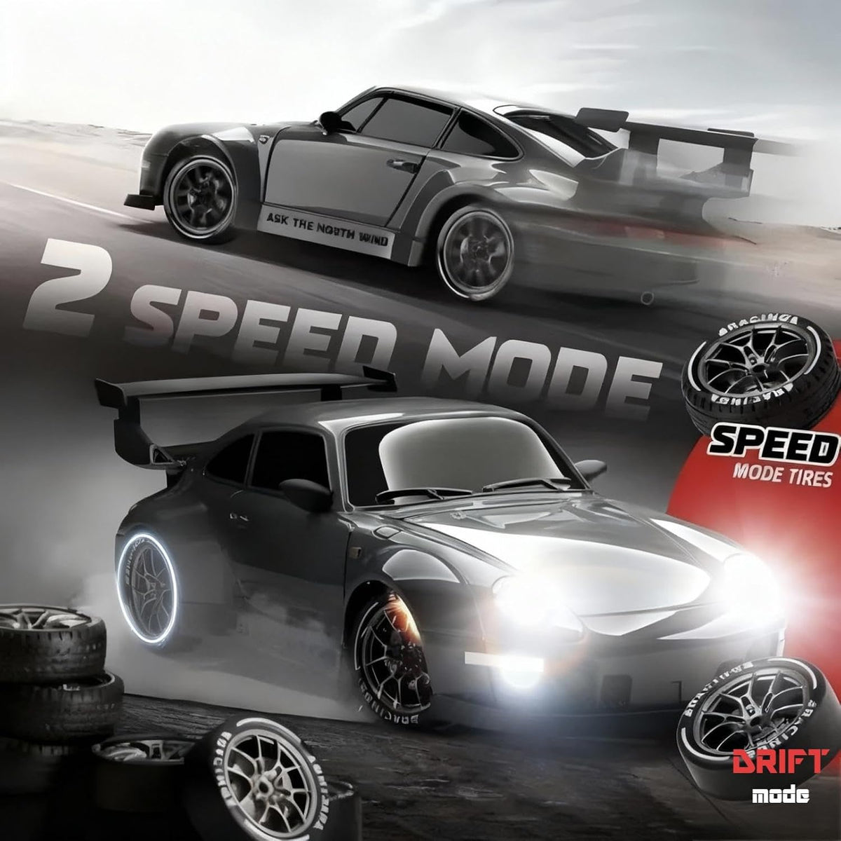 1:24 Scale RC Drift Car with LED Lights, 25Km/H 4WD High Speed, Dual Batteries 50+ Min Play, 2.4Ghz Remote Control, Multi-Surface Drift Tires, Racing Toy Vehicle for Adults Boys Girls, Silent Partner