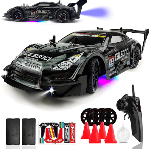 1:16 RC Drift Car 2.4Ghz Spray 4WD LED Lights 30+KM/H High Speed Remote Control Car 2 Batteries 60Min Infinitely Variable Speed Drift Car Toys for Adults and Kids (Black 1:16)