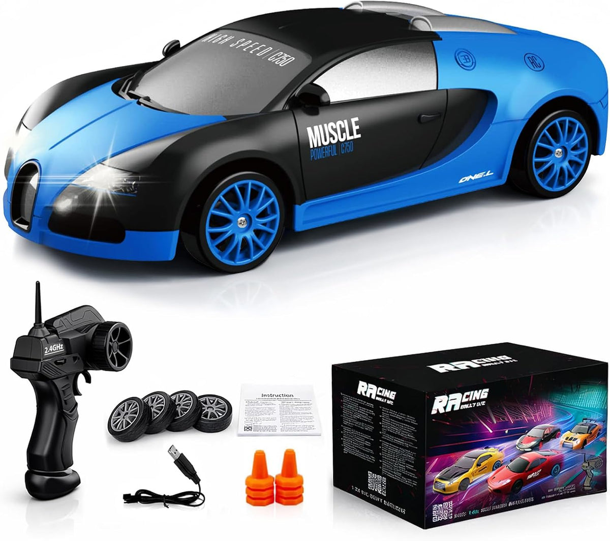 Remote Control Car RC Drift Car 2.4Ghz 1:24 Scale 4WD 15KM/H High Speed Model Vehicle with LED Lights Drifting Tire Racing Sport Toy Car for Adults Boys Girls Kids Gift
