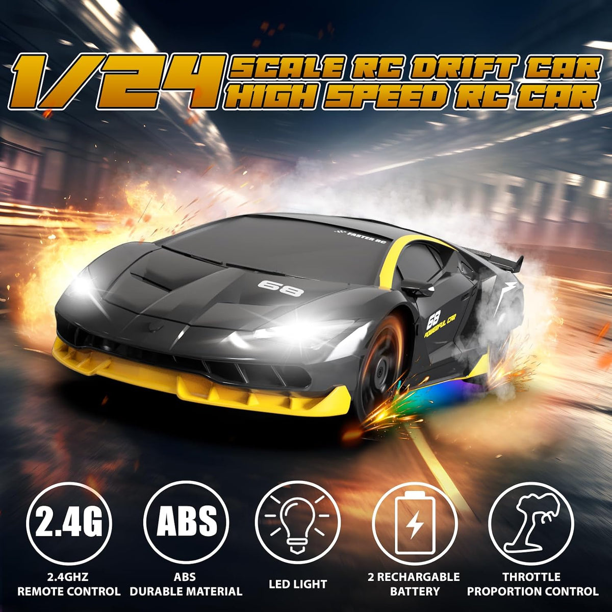 RC Drift Car Remote Control Car 2.4Ghz 1/24 4WD 15KM/H High Speed Racing Sport with LED Lights Drifting Tire Toy for Adults Boys Girls Kids Gift