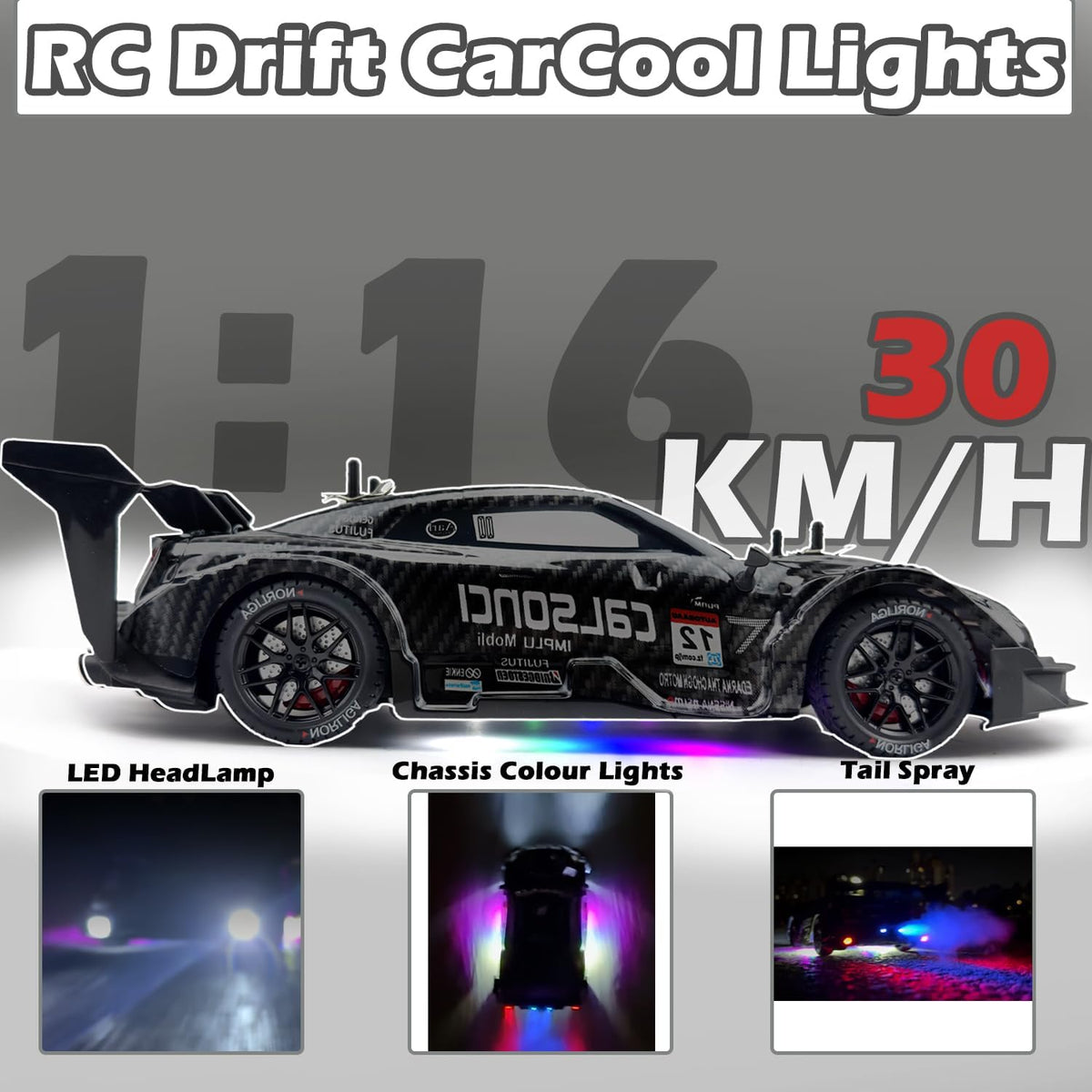1:16 RC Drift Car 2.4Ghz Spray 4WD LED Lights 30+KM/H High Speed Remote Control Car 2 Batteries 60Min Infinitely Variable Speed Drift Car Toys for Adults and Kids (Black 1:16)