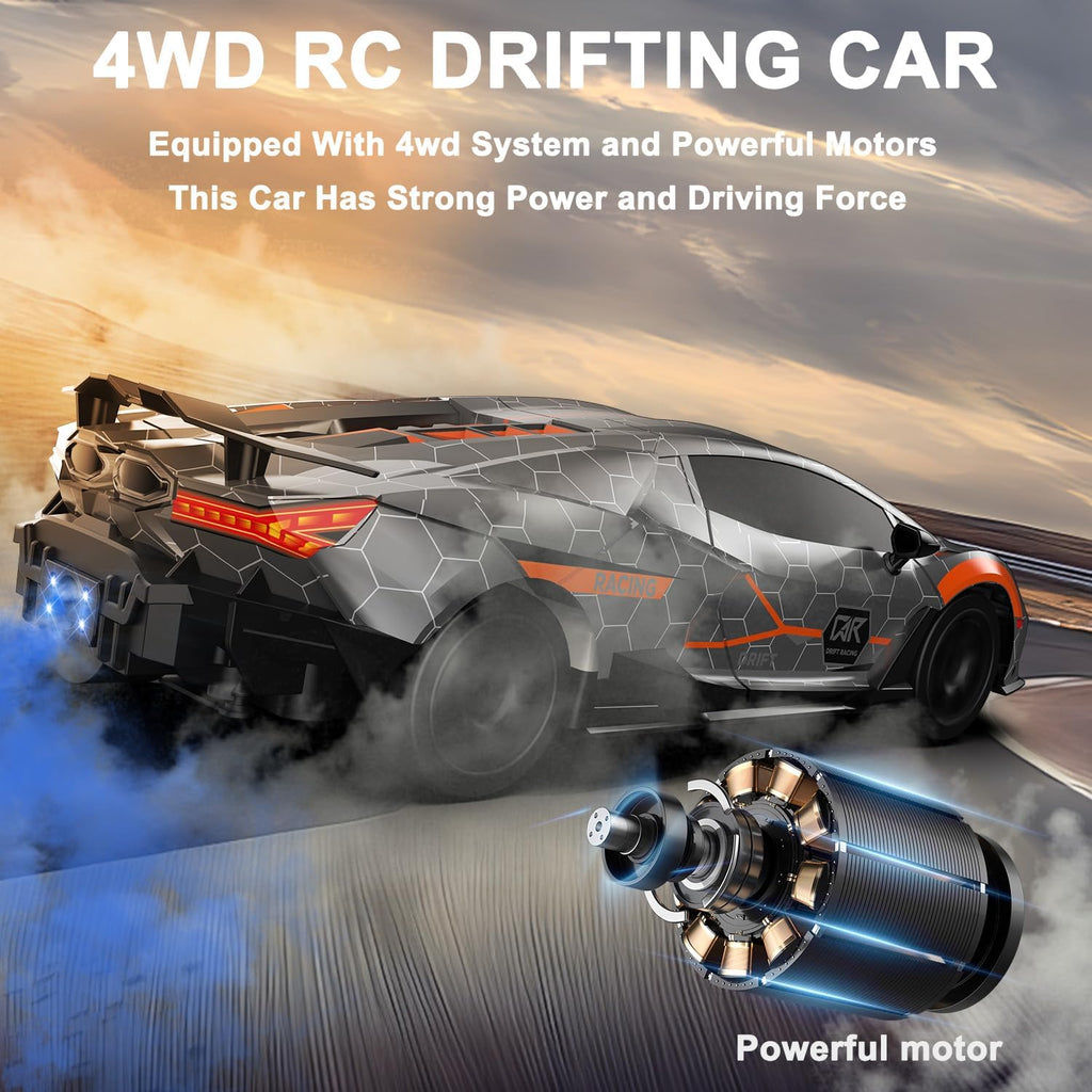 Remote Control Car RC Drift Car 1:16 Scale 4WD 18KM/H High Speed Model Vehicle 2.4Ghz with LED Lights Spray Rubber Tire Racing Sport Toy for Adults Boys Girls Kids Gift 2Pcs Rechargeable Batteries