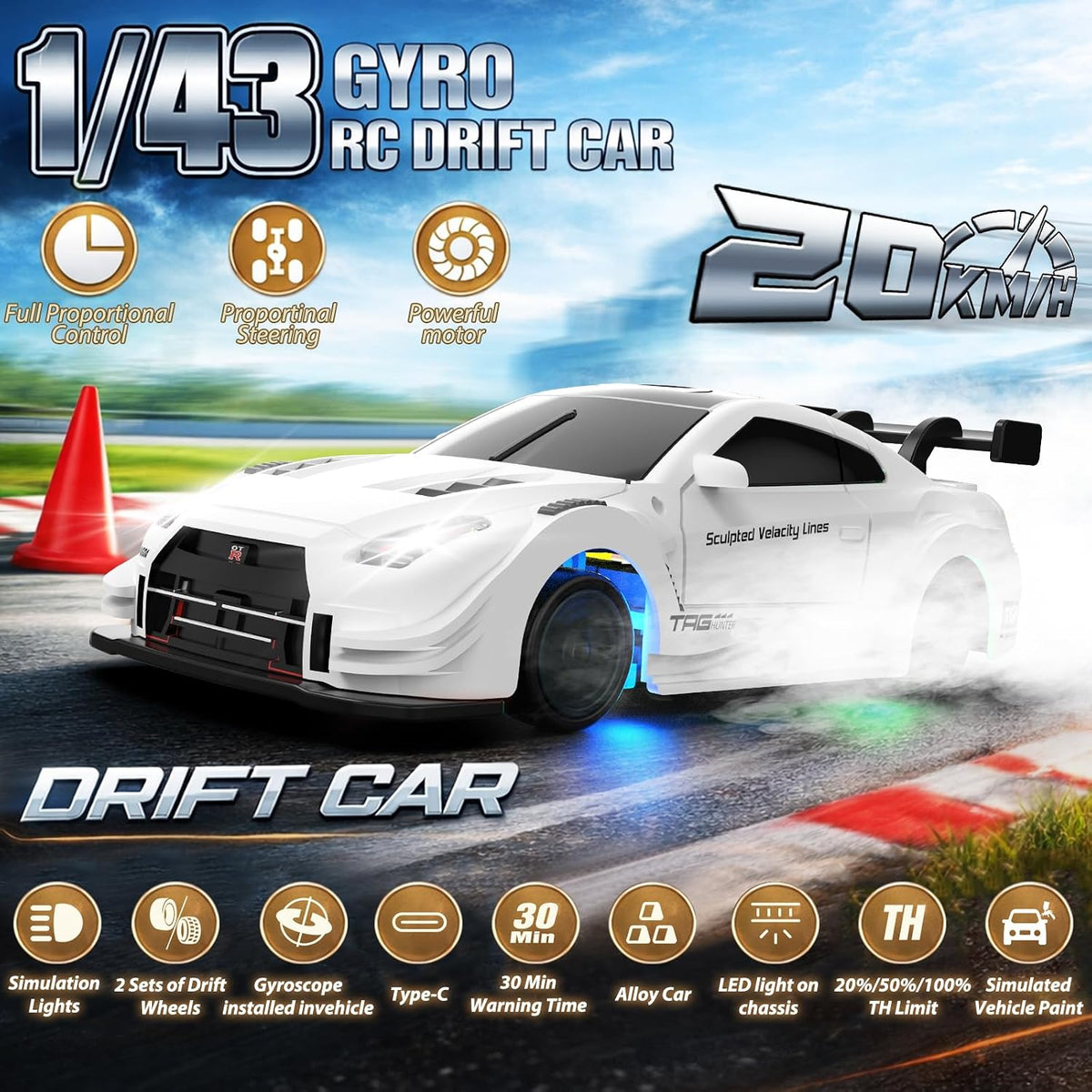 RC Drift Car, 1/43 Mini RC Drift Car with Gyro, 2.4Ghz Full Proportional Control, 20M/H 4WD High Speed Remote Control Alloy, LED Lights & Drift Tires, Toys Gift for Adults, Boys and Girls