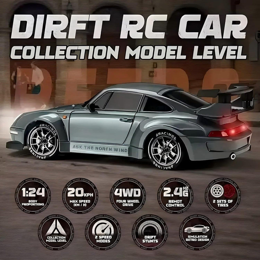 1:24 Scale RC Drift Car with LED Lights, 25Km/H 4WD High Speed, Dual Batteries 50+ Min Play, 2.4Ghz Remote Control, Multi-Surface Drift Tires, Racing Toy Vehicle for Adults Boys Girls, Silent Partner