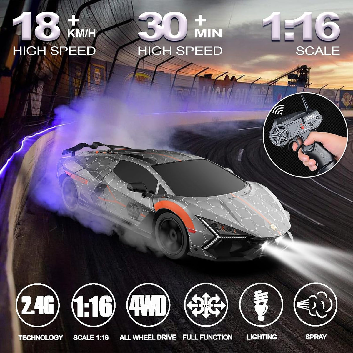 Remote Control Car RC Drift Car 1:16 Scale 4WD 18KM/H High Speed Model Vehicle 2.4Ghz with LED Lights Spray Rubber Tire Racing Sport Toy for Adults Boys Girls Kids Gift 2Pcs Rechargeable Batteries