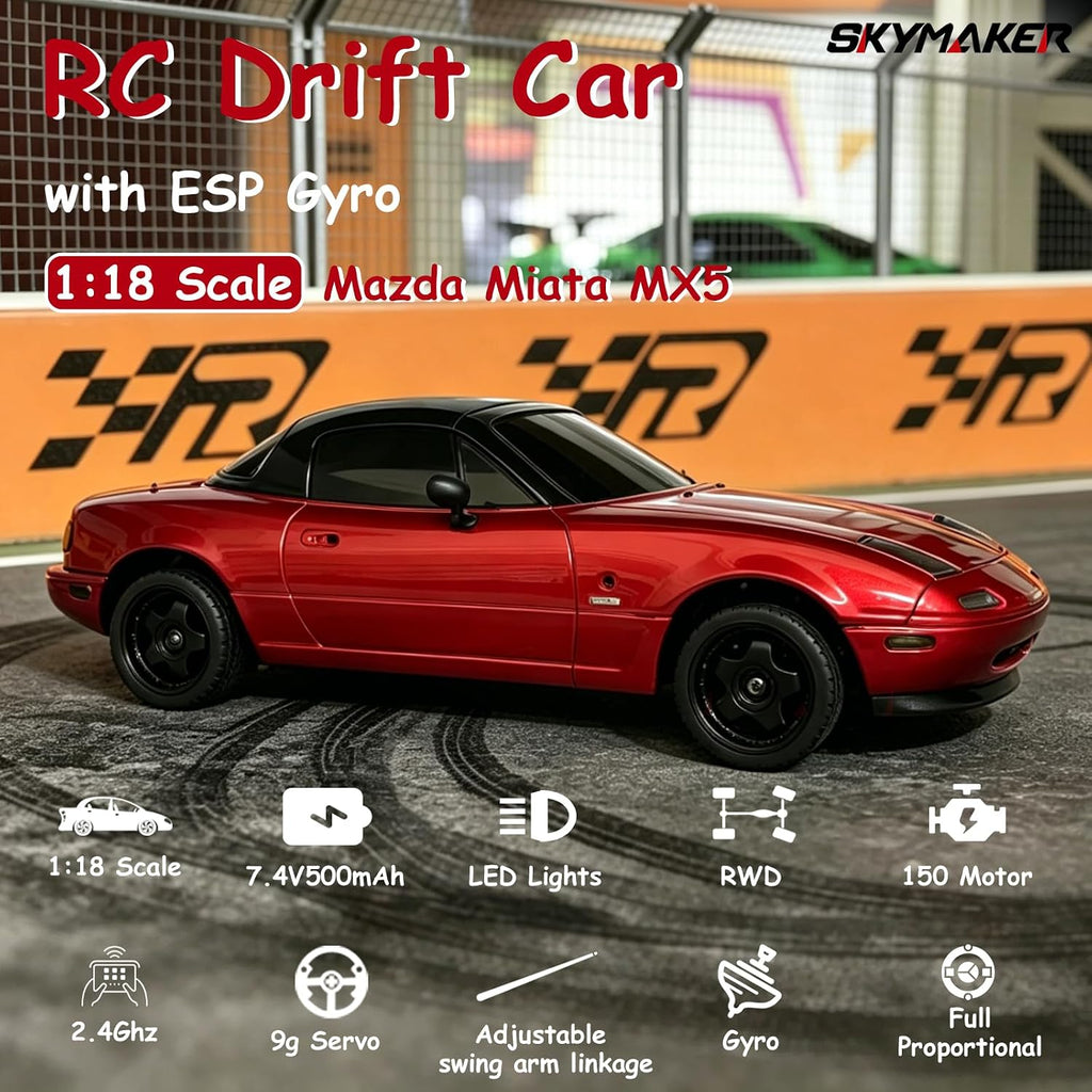 1/18 RC Drift Car Remote Control Miata with 2 Batteries(Red)