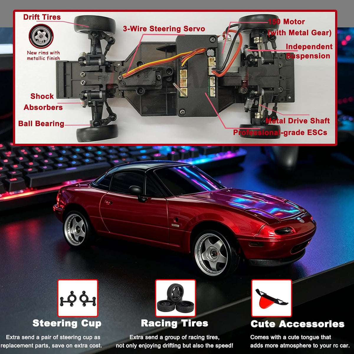 1/18 RC Drift Car Remote Control Miata with 2 Batteries(Red)