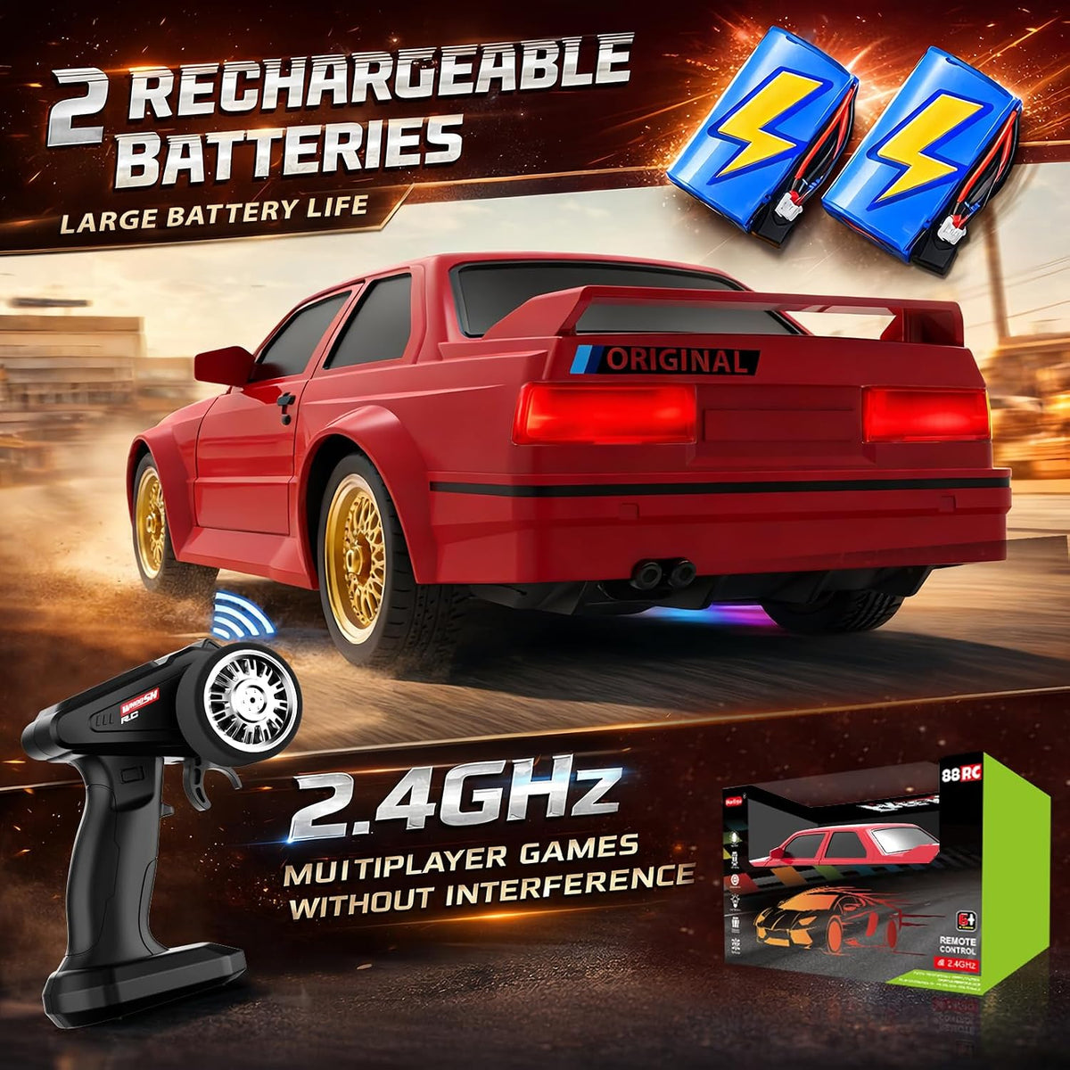 RC Drift Car 2.4Ghz 1:16 Scale 4WD 30KM/H High Speed Remote Control Cars Vehicle with LED Lights Drifting Tires Racing Sport Toy Cars for Adults Boys Girls Kids Gift