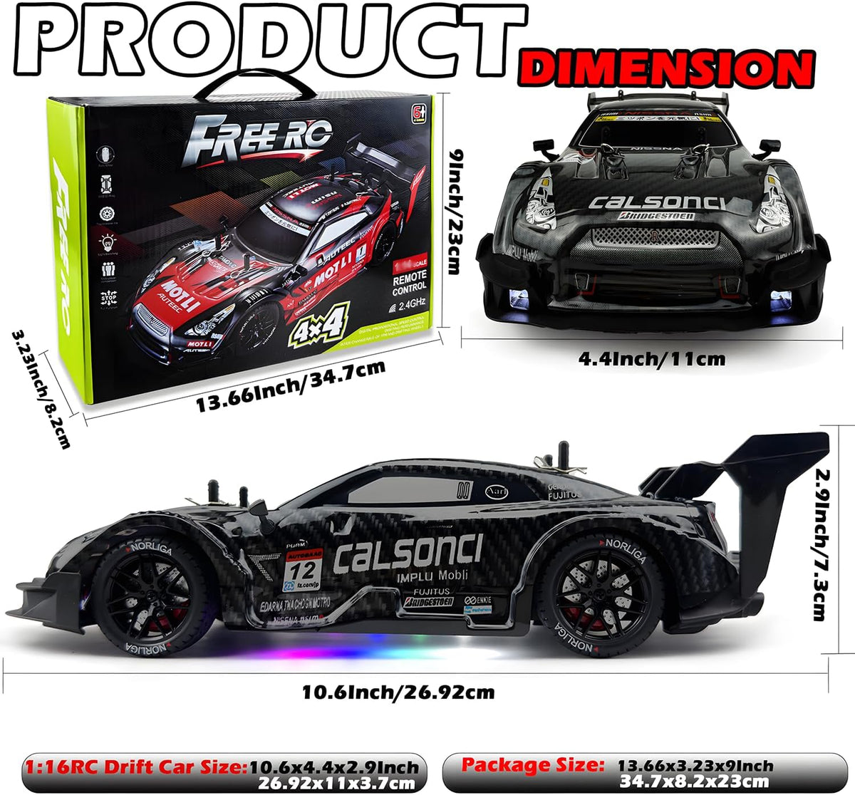 1:16 RC Drift Car 2.4Ghz Spray 4WD LED Lights 30+KM/H High Speed Remote Control Car 2 Batteries 60Min Infinitely Variable Speed Drift Car Toys for Adults and Kids (Black 1:16)