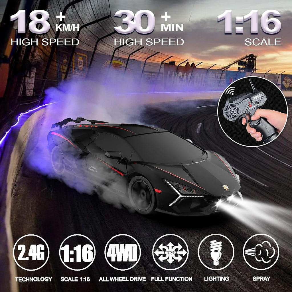 2 Pack Remote Control Cars, 1:16 Scale 4WD High-Speed 18KM/H RC Drift Cars with LED Lights & Spray, 2.4Ghz Racing Toy Set with 4 Rechargeable Batteries, Gift for Boys Girls Kids (2 Bundle)