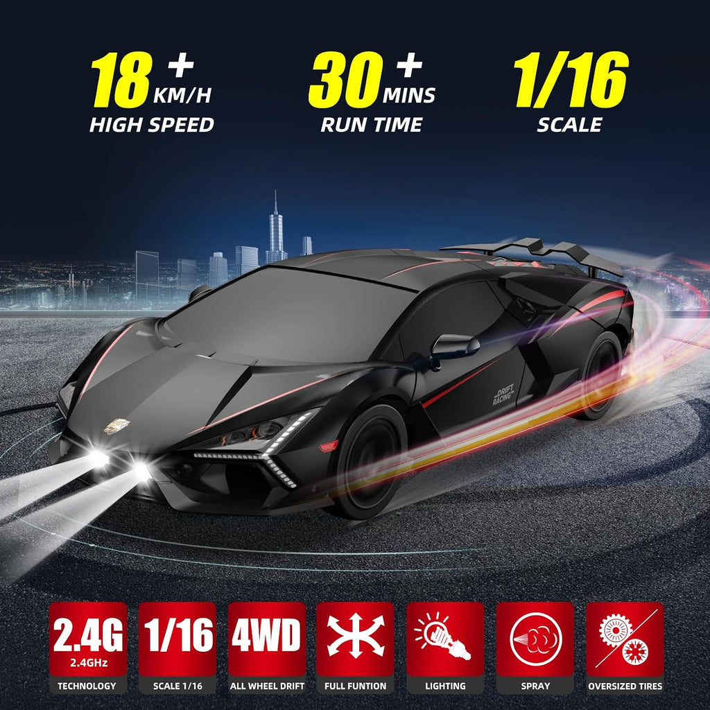 RC Drift Car, Drifting RC Car 2.4Ghz 1/16 Remote Control Cars 4WD High Speed Racing Vehicle Remote Control Drifting Cars Sport Toy Cars for Adults Boys Girls Kids Black
