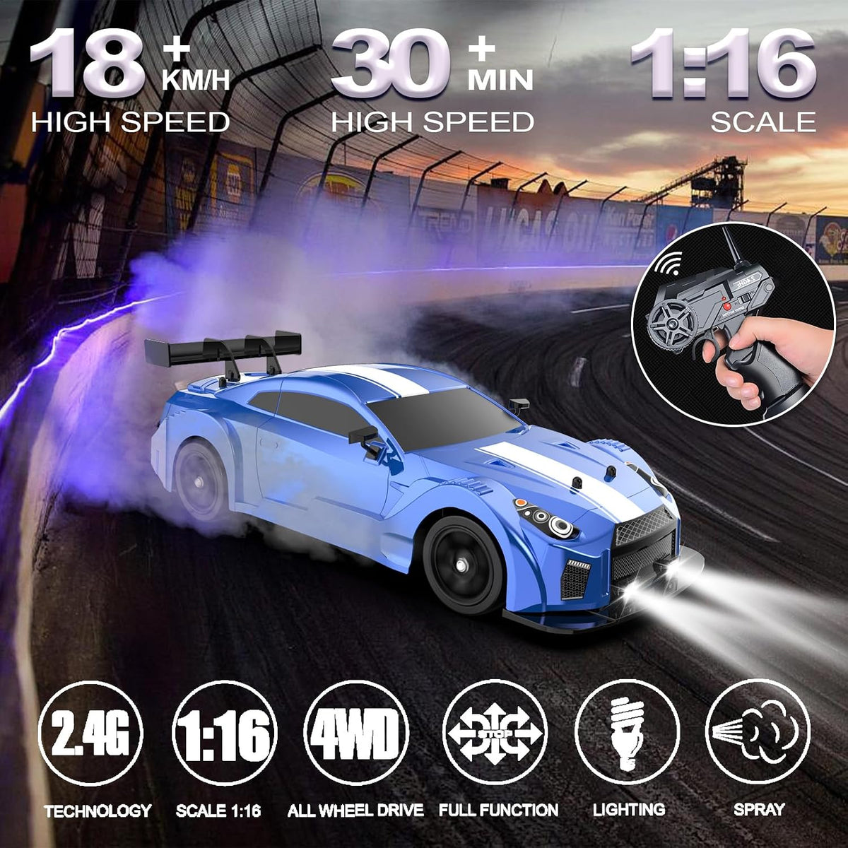 2 Pack Remote Control Cars, 1:16 Scale 4WD High-Speed 18KM/H RC Drift Cars with LED Lights & Spray, 2.4Ghz Racing Toy Set with 4 Rechargeable Batteries, Gift for Boys Girls Kids (2 Bundle)