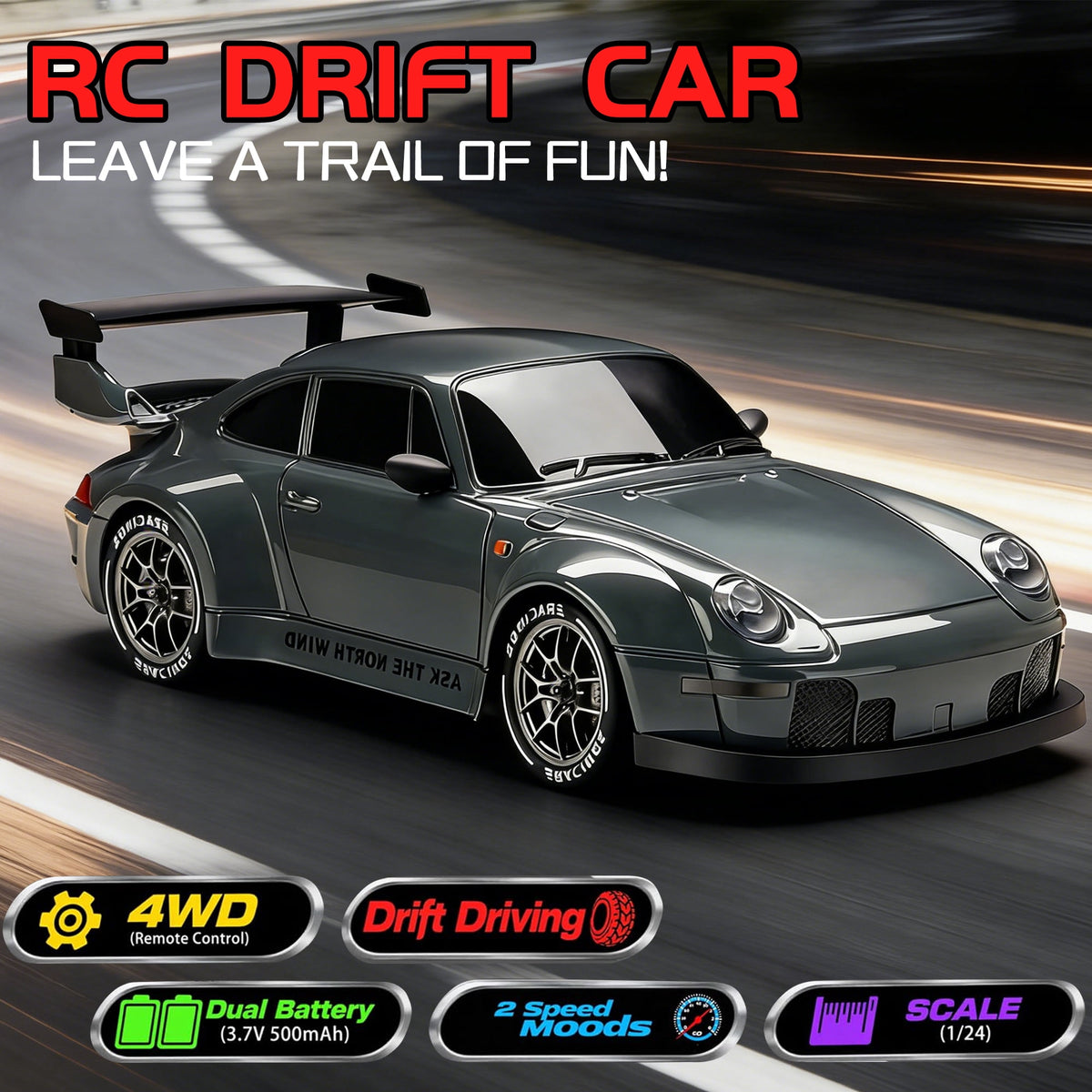 RC Drift Car 1:24 2.4Ghz 4WD High Speed Remote Control Cars Vehicle with LED Lights RC Race Car Toys for Boys Kids Adults