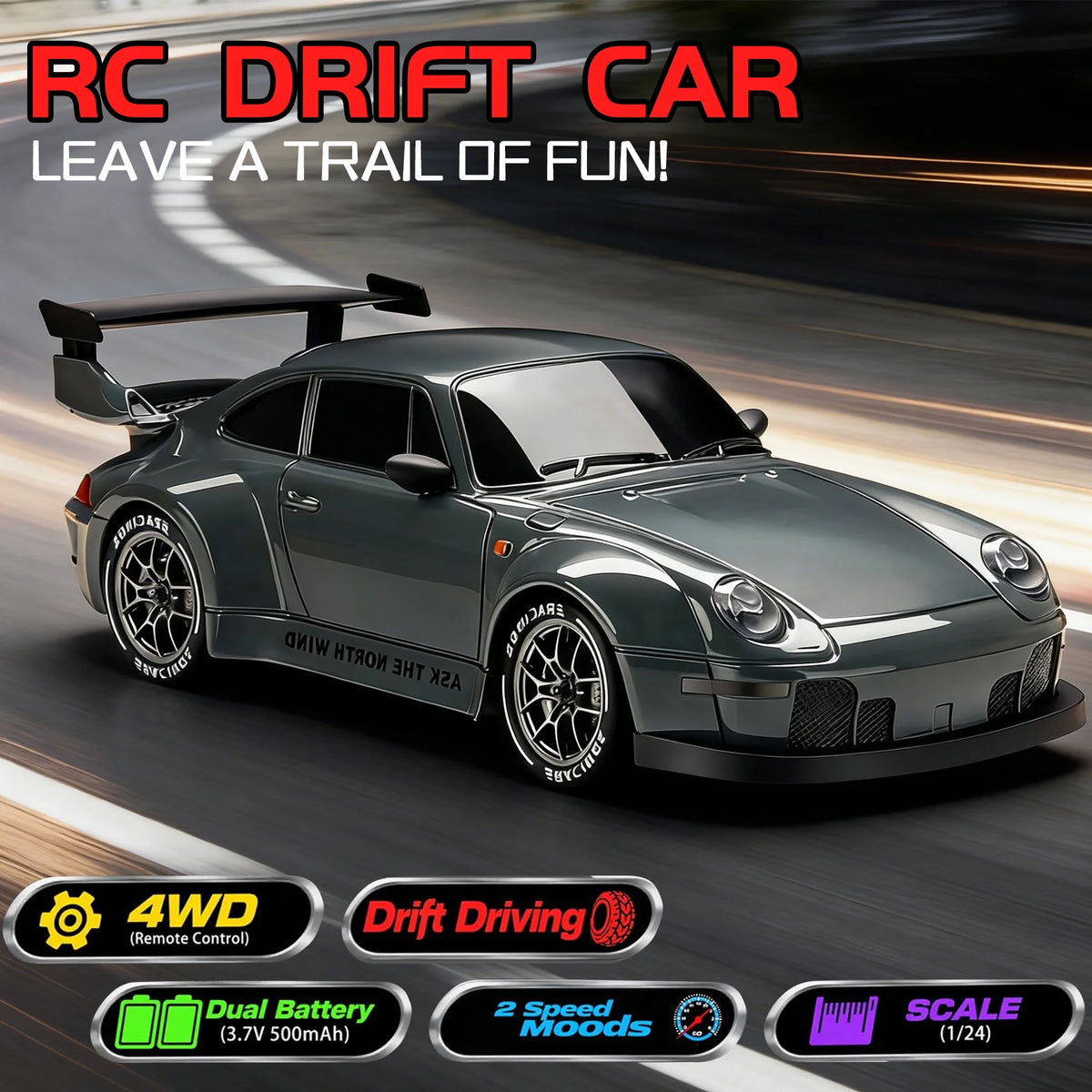 RC Drift Car 1:24 2.4Ghz 4WD High Speed Remote Control Cars Vehicle with LED Lights RC Race Car Toys for Boys Kids Adults