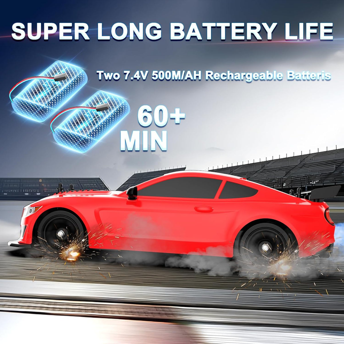 Remote Control Car RC Drift Car 1:16 Scale 4WD 18KM/H High Speed Model Vehicle 2.4Ghz with LED Lights Spray Rubber Tire Racing Sport Toy for Adults Boys Girls Kids Gift 2Pcs Rechargeable Batteries